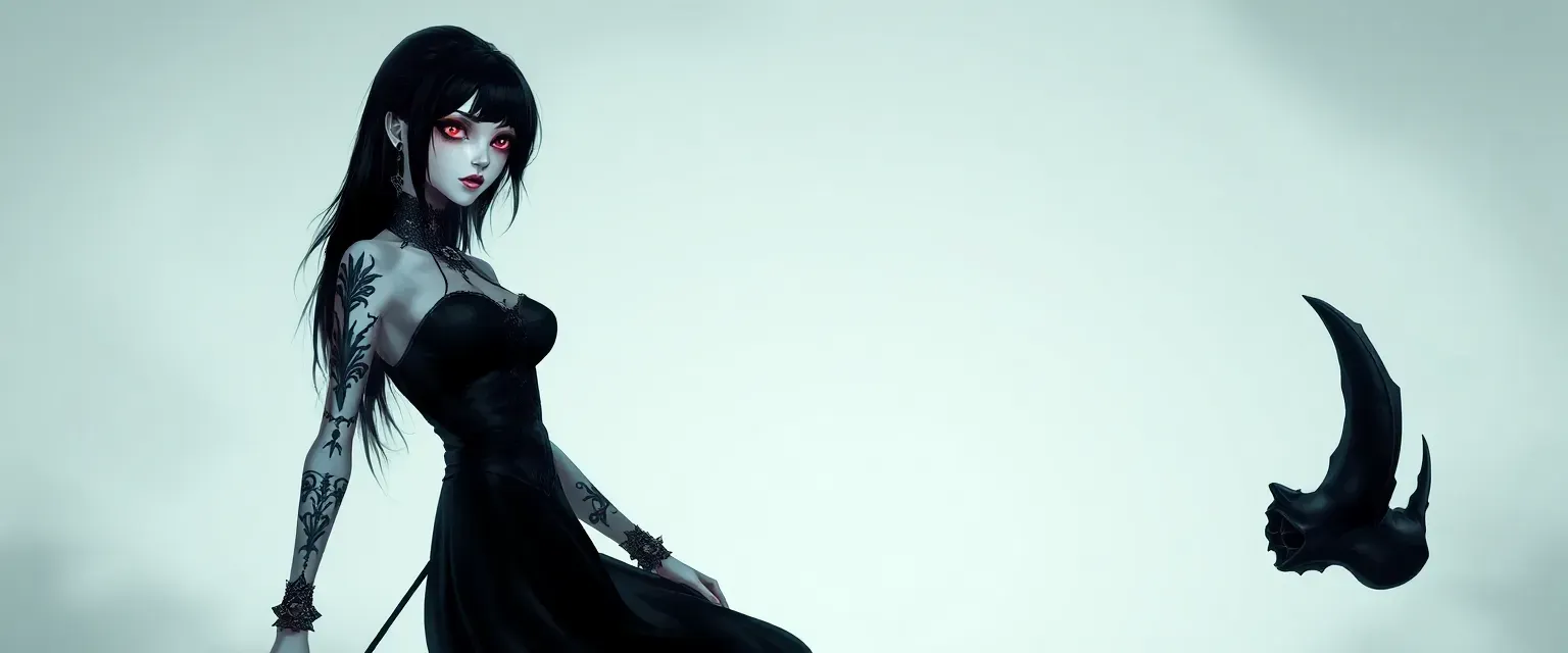 Slender 5'9" woman with milk-white skin, jet-black hair, ice-blue to crimson eyes, gothic black attire, high-heeled boots, undead-themed jewelry, intricate tattoos.