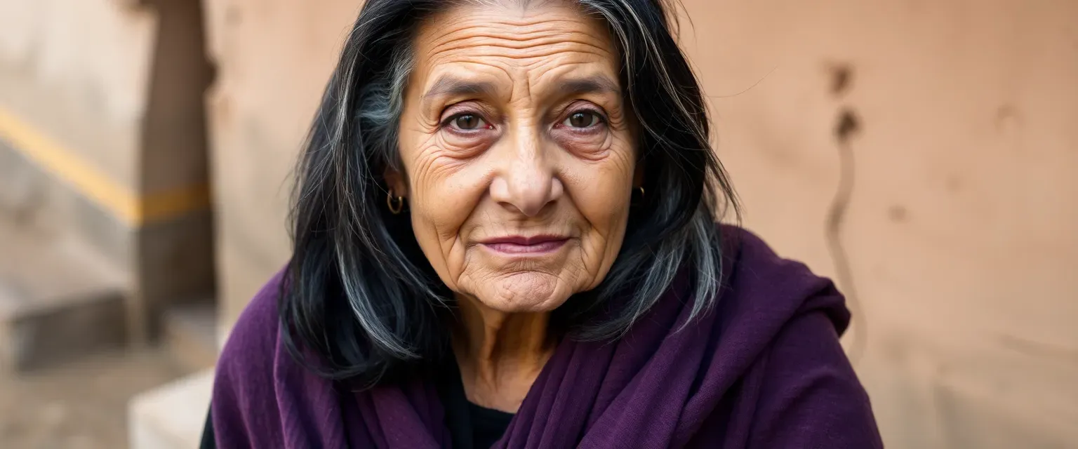 56-year-old woman with black hair streaked with silver, tanned and lined face, wearing a baggy black dress and a worn purple shawl.