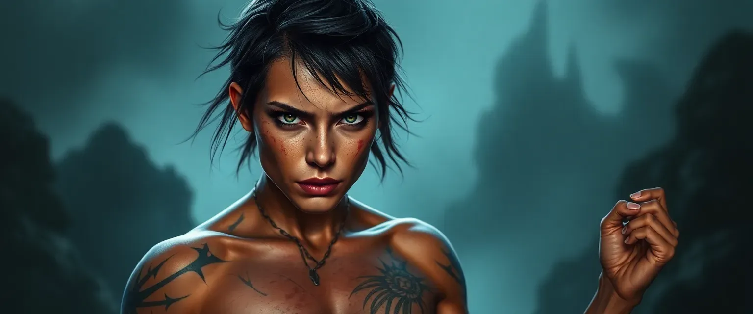 Muscular woman in her early 20s, covered in scars, with short, unkempt hair and fierce eyes.