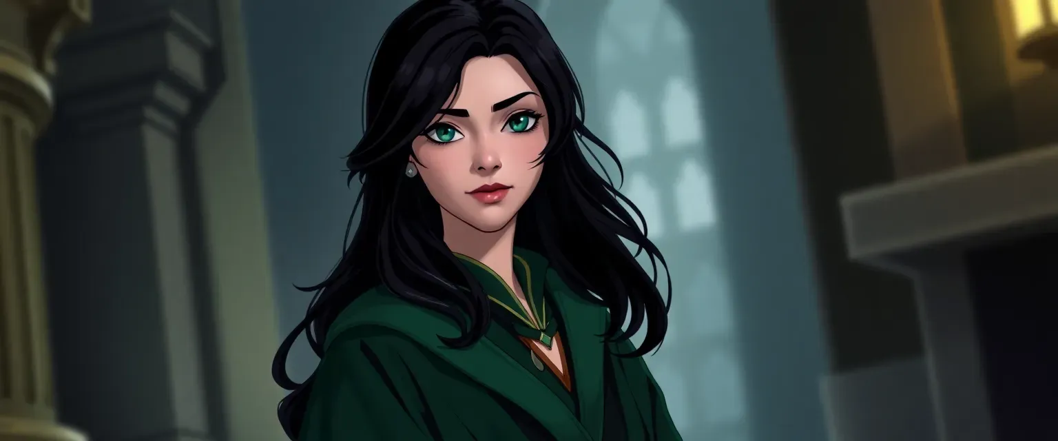 19-year-old Kira with dark hair, emerald eyes, in green and black robes, slight accent.