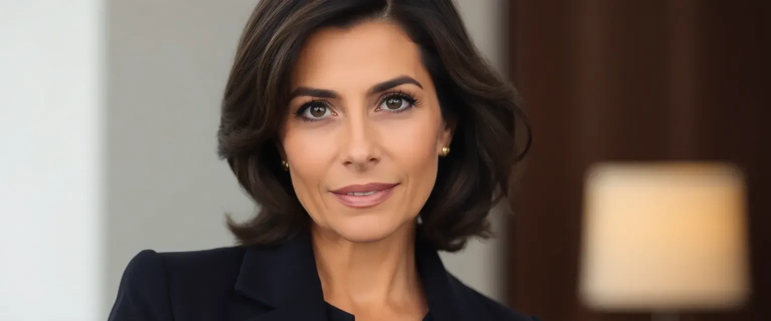 Mid-40s woman with medium-length dark brown hair styled in soft waves, warm olive skin tone, expressive dark brown eyes; wears elegant tailored dresses or suits.