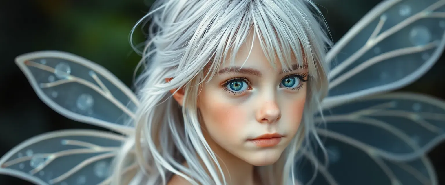 Silver-haired faery with clear, iridescent wings and dusty blue eyes, youthful appearance.