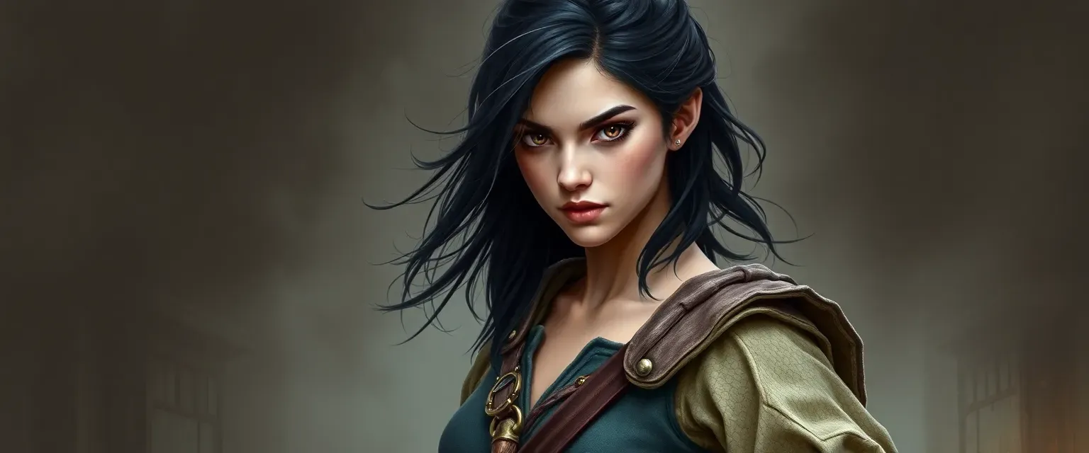 Young woman with a piercing gaze, dark hair, and a warrior's stance, dressed in commoner's attire.