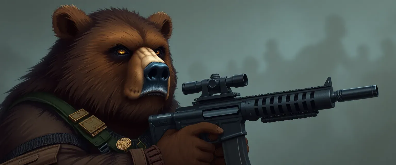 A grizzled bear with dark fur and amber eyes, wearing tactical gear and medals, holding a light machine gun.