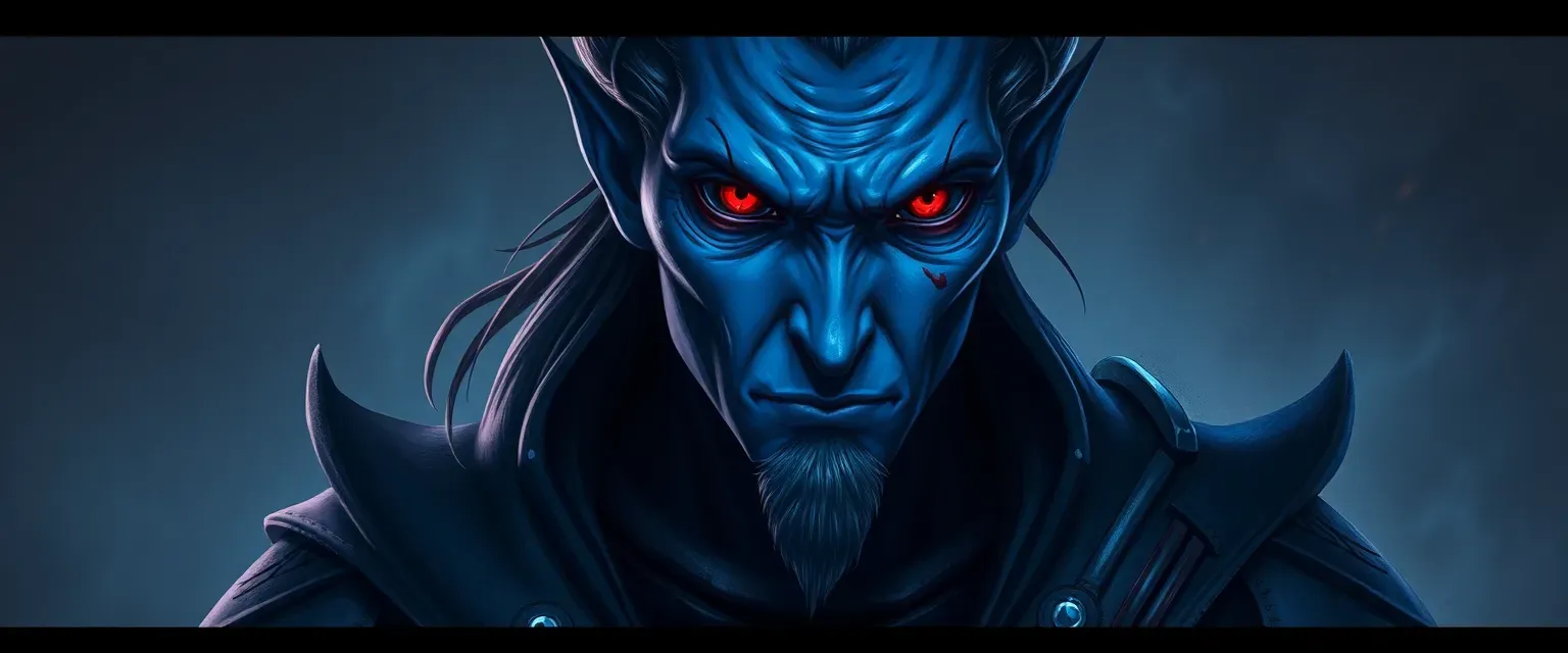 Blue-skinned male drow with piercing red eyes, wearing dark leathers and blood-stained robes, embodying a chilling aura of violence and chaos.
