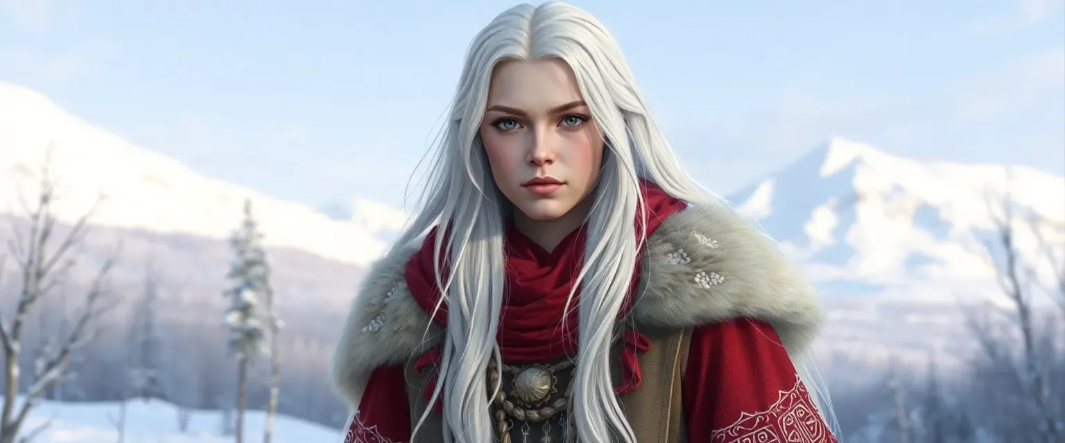 Young adult with pale skin, long white hair, wearing traditional frostmoon attire, standing in a snowy landscape.
