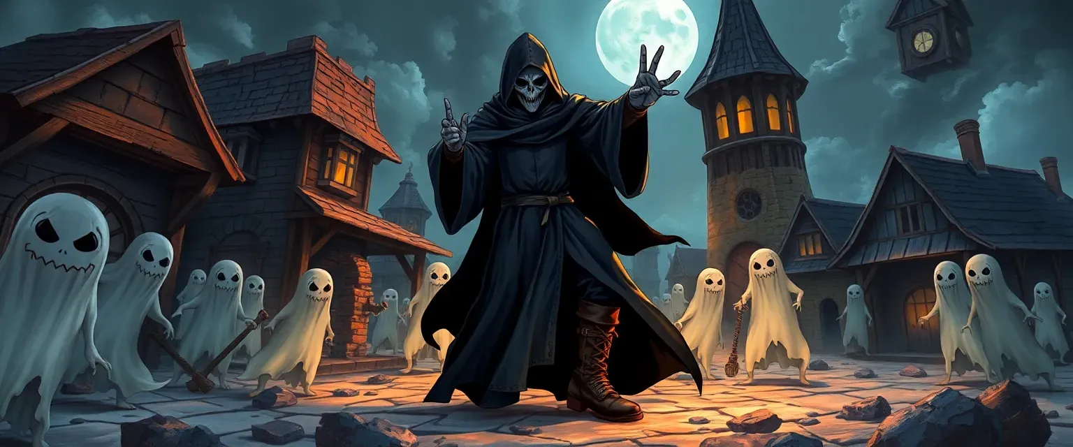 A mysterious necromancer in a black robe and brown boots, face hidden, ruling over Ghost Town with ghostly minions.