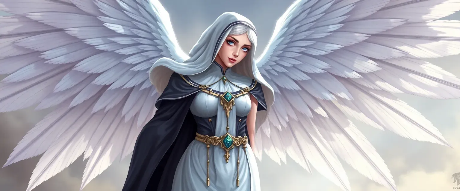 Seraph with six wings, white hair, blue eyes, wearing a holy nun outfit, voluptuous figure.