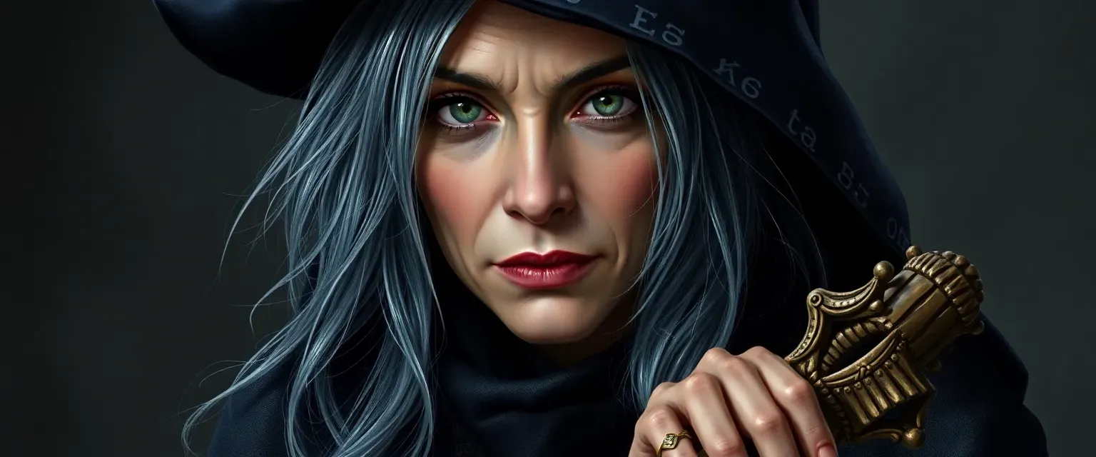 Late 40s witch with silver-streaked black hair, sharp features, green eyes, wearing dark robes with runes, holding a staff.