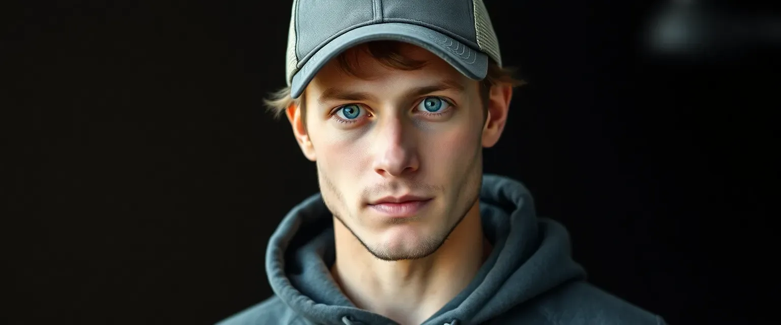 Tall, lean man with sandy brown hair and blue eyes, wearing a hoodie and ball cap, embodying a tech-savvy, unpredictable vibe.