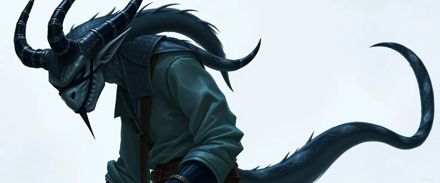 Half-snake demon, half-winter eladrin Elf, early 20s, black eyepatch, half-face mask, long sleeve shirt, leather pants, tail as belt.