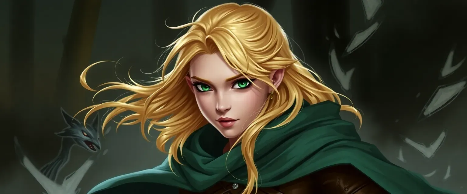 28-year-old Eladrin with golden hair, emerald eyes, wearing a shifting cloak and stylish boots.