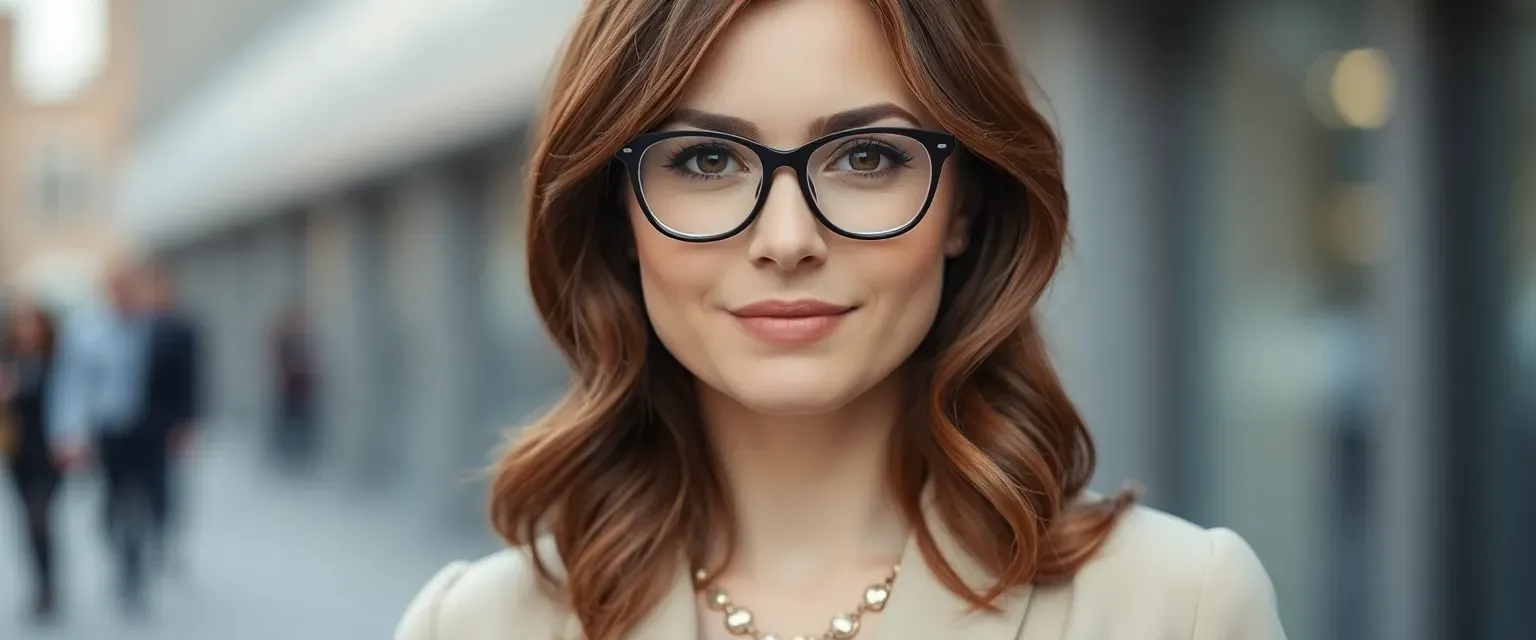 33-year-old woman with chestnut waves, hazel eyes, stylish glasses, wearing tailored blouses and skirts with a sentimental necklace.