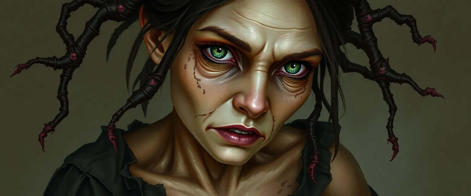 Pale woman with moldy skin and maggots, wearing a tattered dress, green eyes.