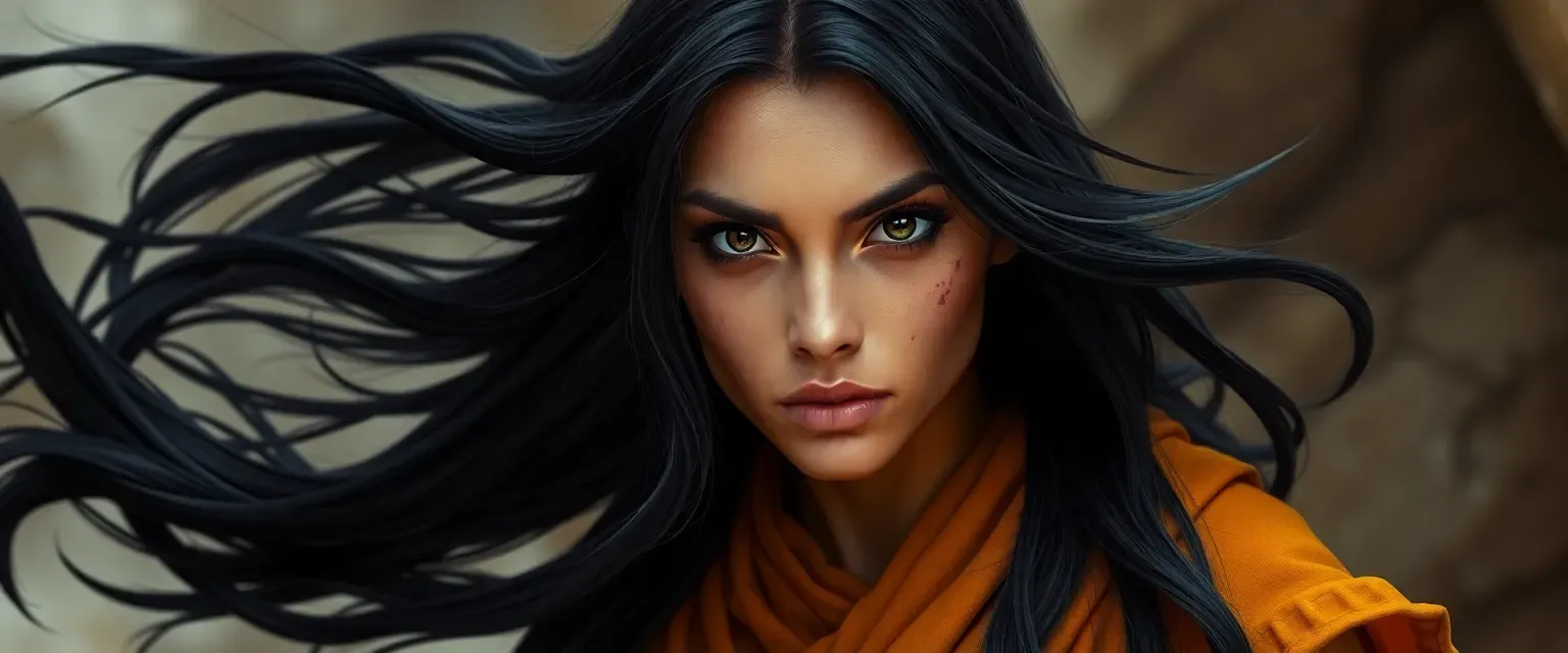 Tall 6'1" human monk woman, 34 years old, long flowing black hair, olive skin with scars, wearing frayed saffron robes, dark sharp eyes, lean muscular build.