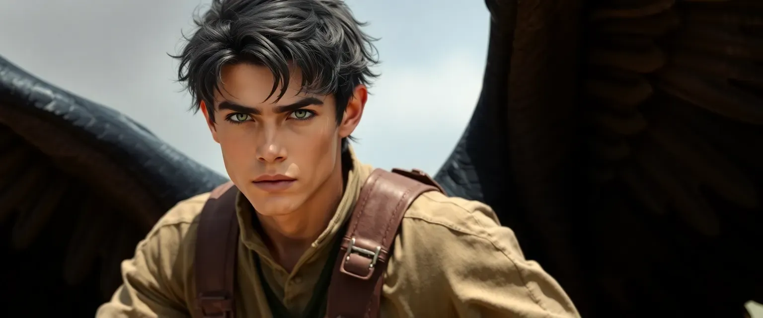 19-year-old male with large ebony wings, gray eyes, wearing earth-toned clothes and a leather harness.