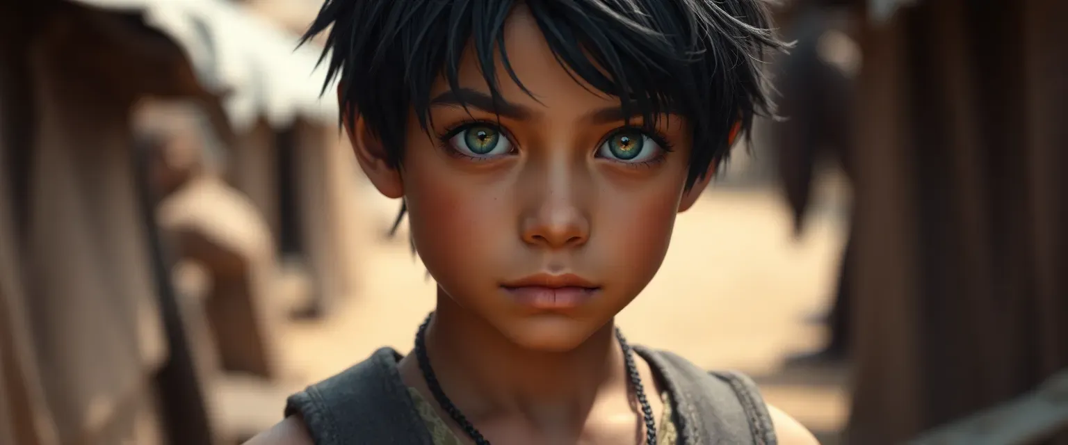Young Trennixan boy, tan skin, black hair, green eyes, tattered street clothes.