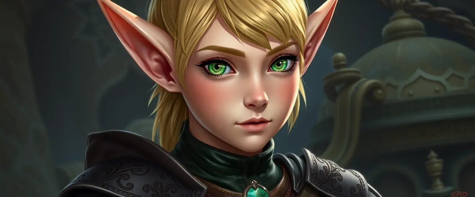 Youthful half-elf with pointed ears, emerald eyes, in fine leathers with noble embroidery.