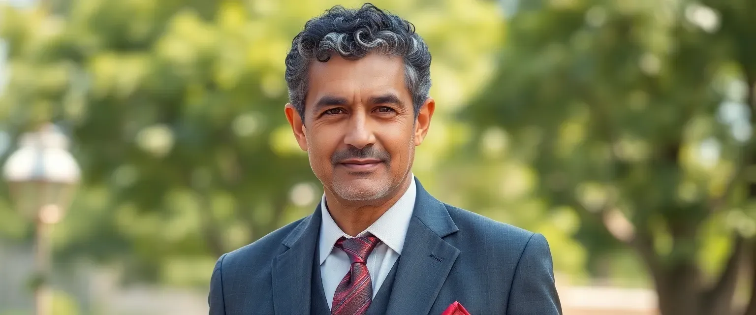 Tall man in mid-50s with sun-weathered face; short curly black hair graying at temples; wears tailored suits with traditional Jaekelian touches.