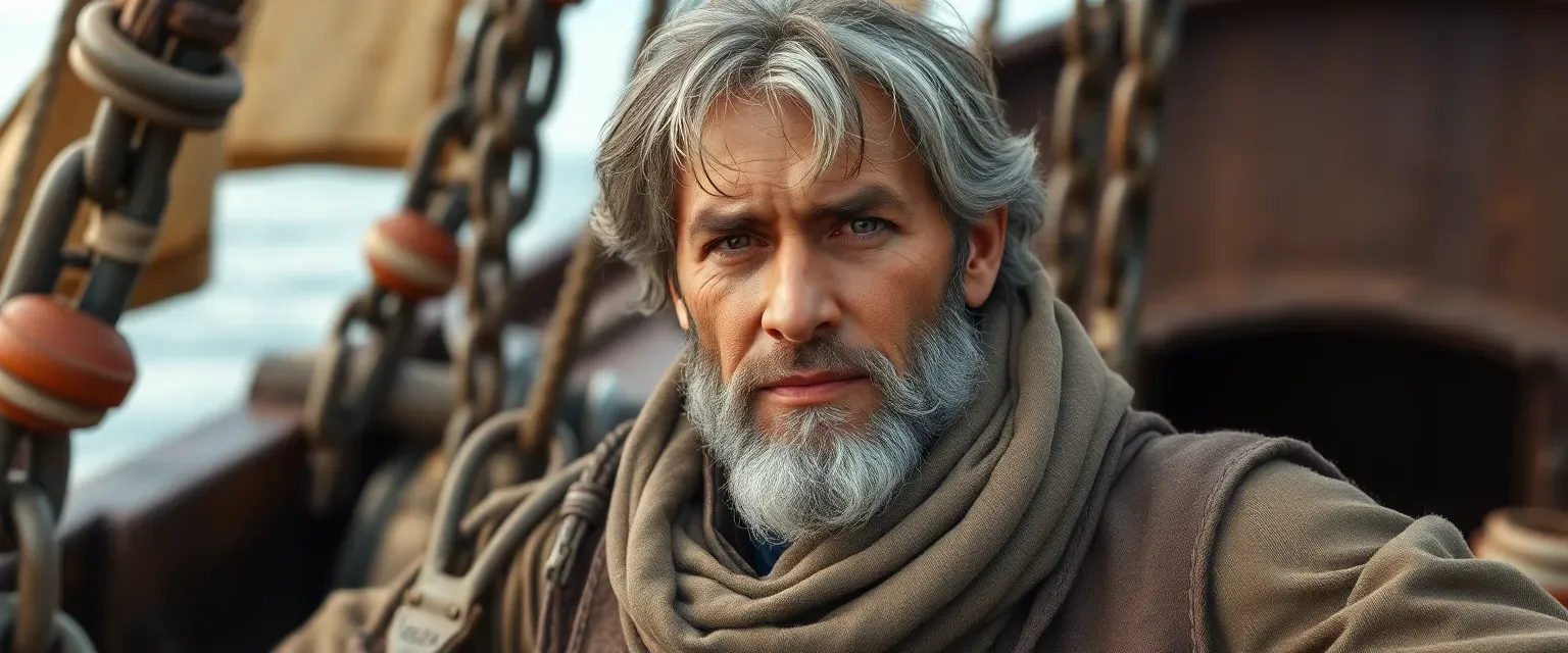 A 35-year-old Slavic man with graying brown hair, tanned skin, and tattered farmer's clothes, chained on an Empire ship.