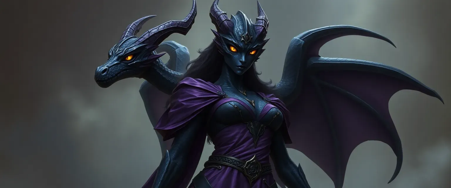 Tall Black Draconian woman with dark scales, yellow eyes, wearing purple and black robes with divine symbols.