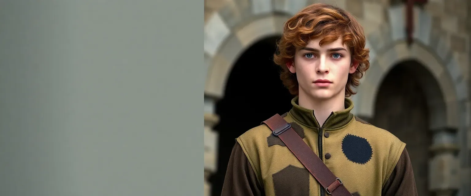 Nineteen-year-old Eamon with chestnut curls and deep blue eyes, wearing a patched tunic and breeches, stands ready for army conscription.