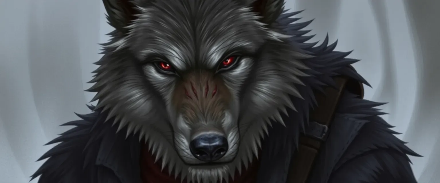Tall alpha wolf anthro with dark grey fur, red eyes, and scars. Late thirties, wearing rugged attire.