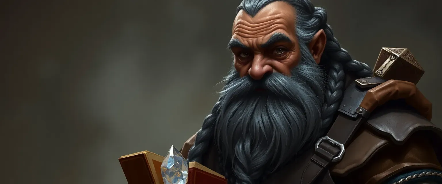 Dark-skinned dwarf, aged, with a braided beard of black and silver, wearing leather and chainmail, carrying books and crystals.