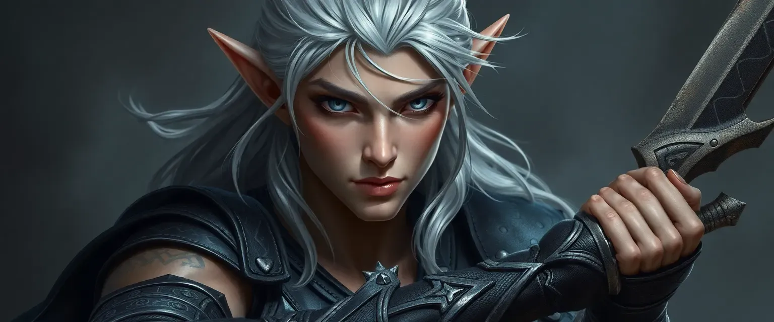 Elf with grey eyes, athletic build, silver hair, dark leather armor with silver runes, shadowy sword.