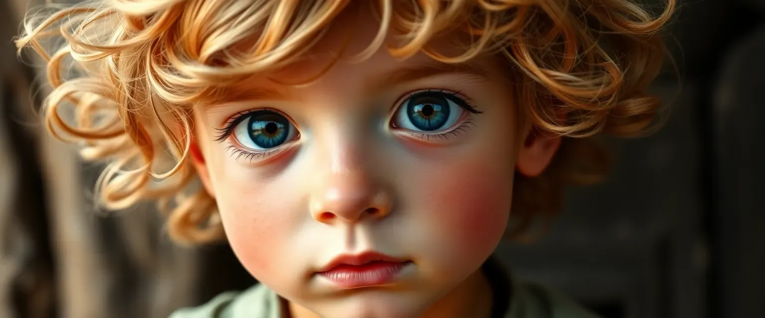 Five-year-old boy with sandy blonde curls, large innocent eyes, upturned nose, and rosy cheeks, dressed in simple, worn-out clothes.