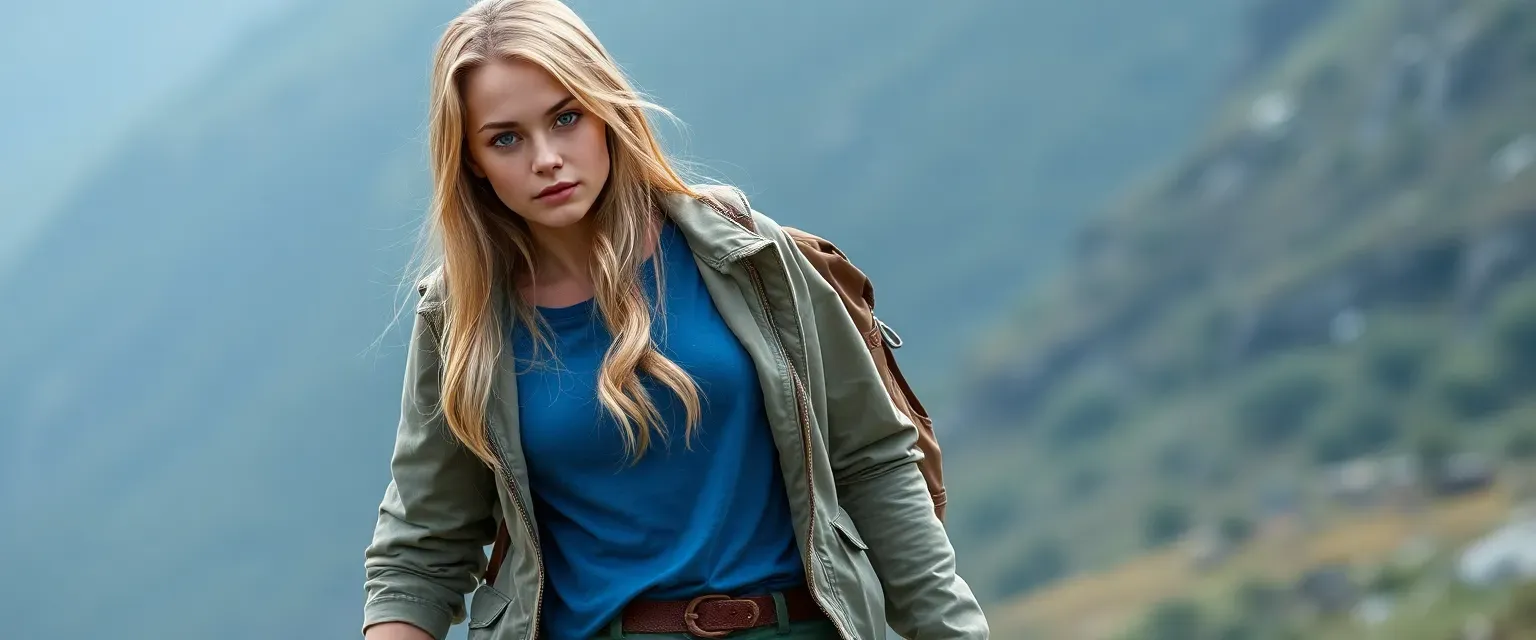 20-year-old female explorer with long blonde hair, blue eyes, wearing a light jacket, blue t-shirt, flexible pants, carrying a backpack with patches.