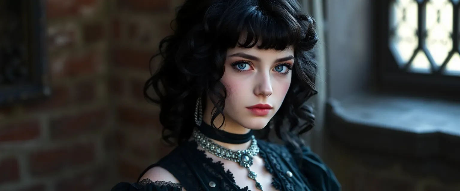 18-year-old goth girl with pale skin, black curls, violet eyes, wearing Victorian-inspired black dresses and a silver choker.