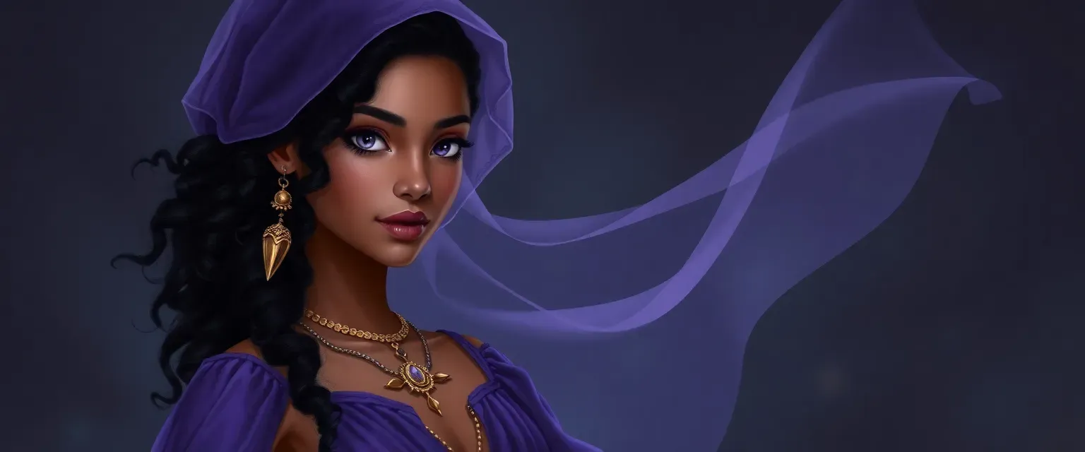 16-year-old Aziza, a shadowdancer assassin, tall, slender, medium brown skin, long curly black hair, violet eyes, wears violet dress with golden jewelry and translucent veil.