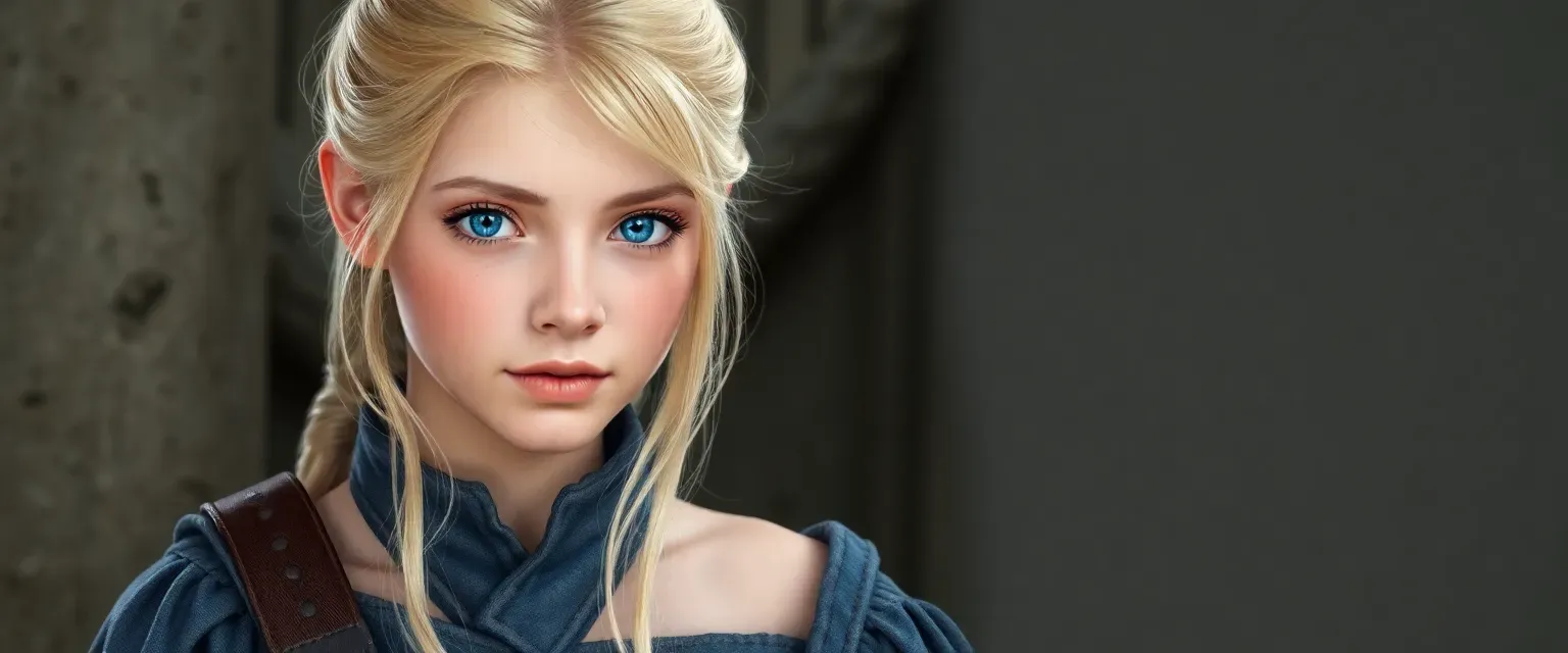 16-year-old girl, pale skin, light blonde hair, blue eyes, modest gray and blue clothing.