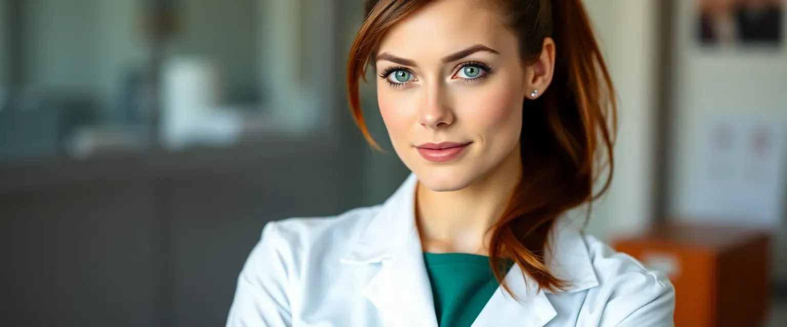 Early 30s woman, athletic build, chestnut hair in ponytail, piercing green eyes, wearing a lab coat.