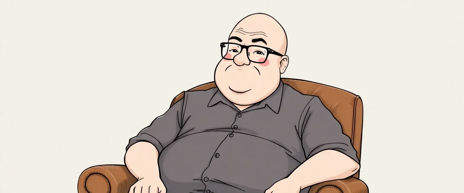 Fat balding man with glasses and plump lips, sitting in a leather chair, hand drawn.
