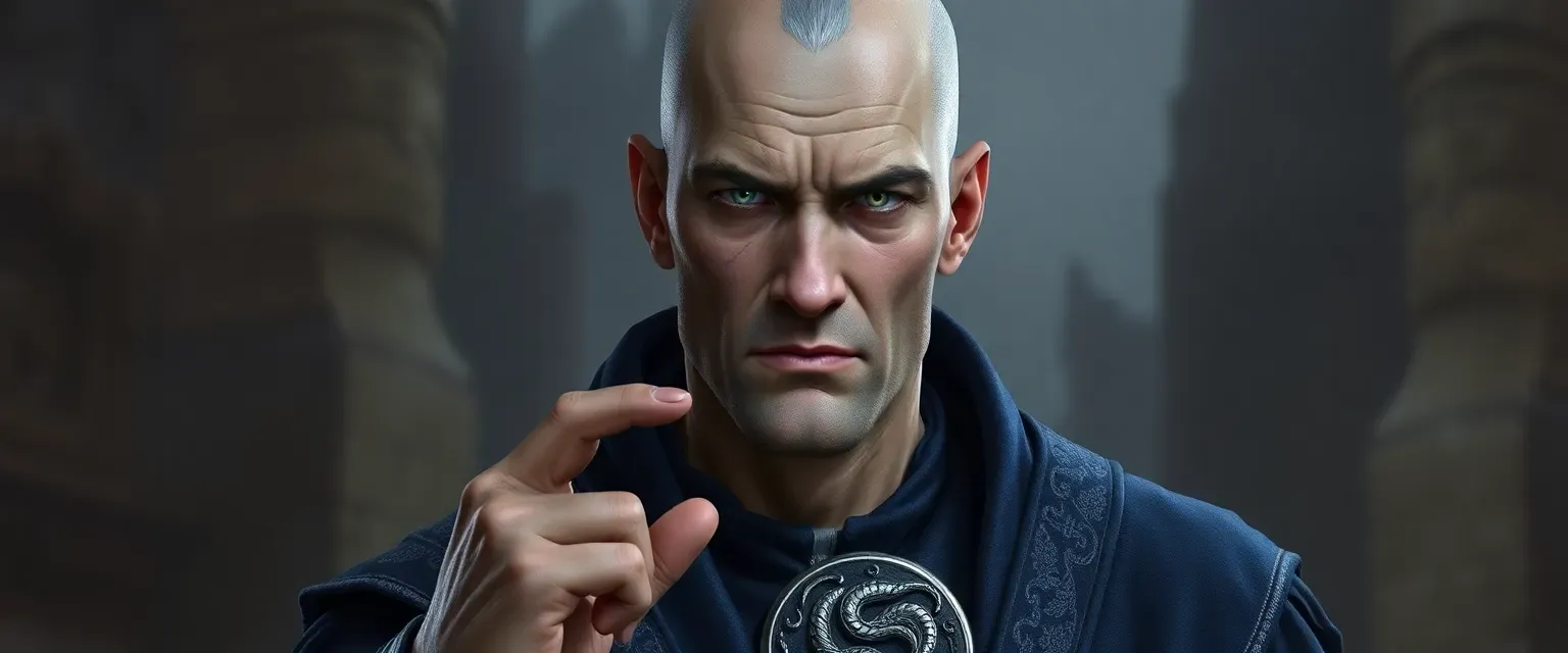 Lean, pale 53-year-old man with sharp features, slate-gray eyes, wearing indigo robes with silver serpent embroidery and iron amulet; scarred face, tapping finger quirk.