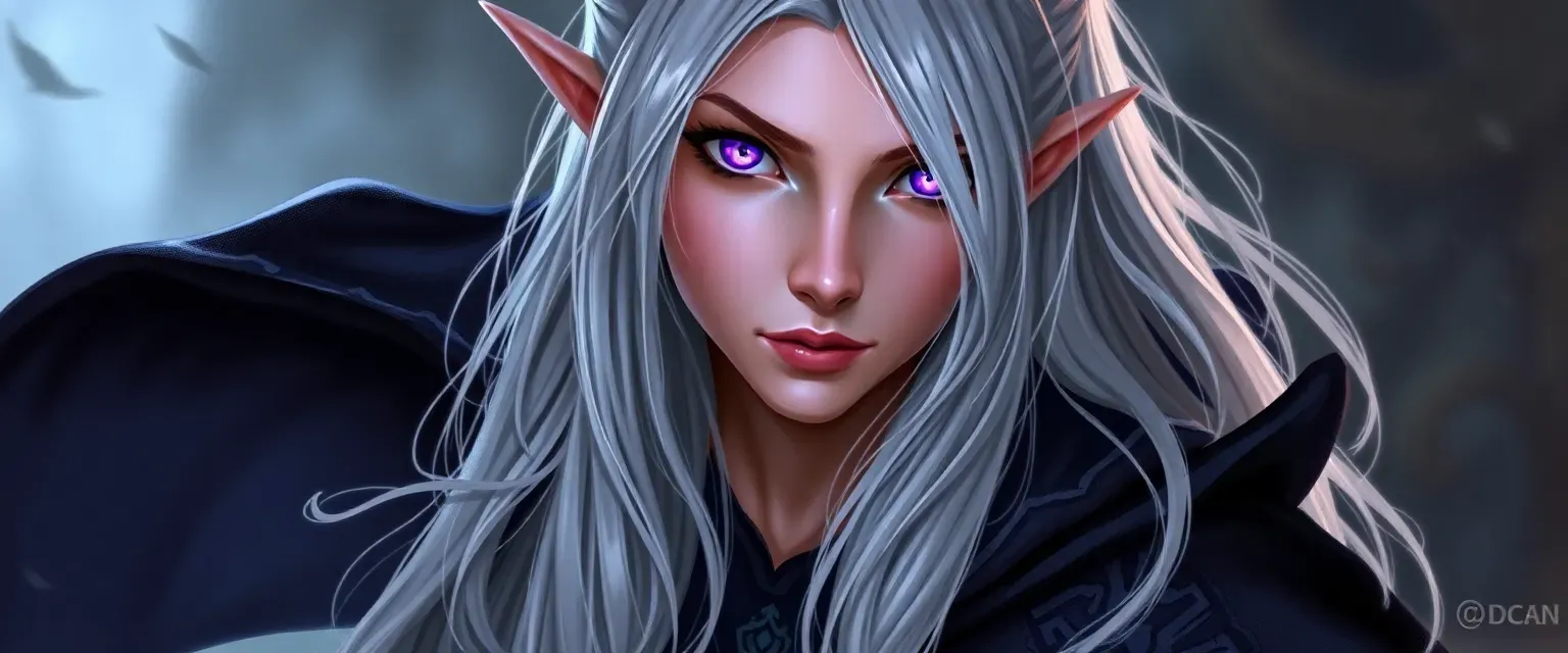 Young female drow with long silver hair, wearing dark robes with arcane symbols, violet eyes.