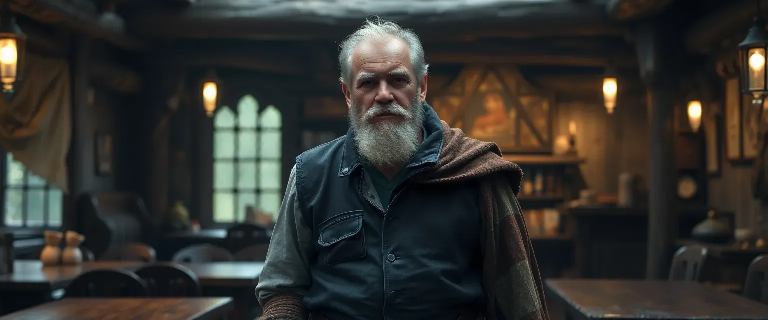 A 53-year-old man with a wooden leg, weathered face, wearing a dark leather vest and patchwork cloak, standing in a rustic inn.