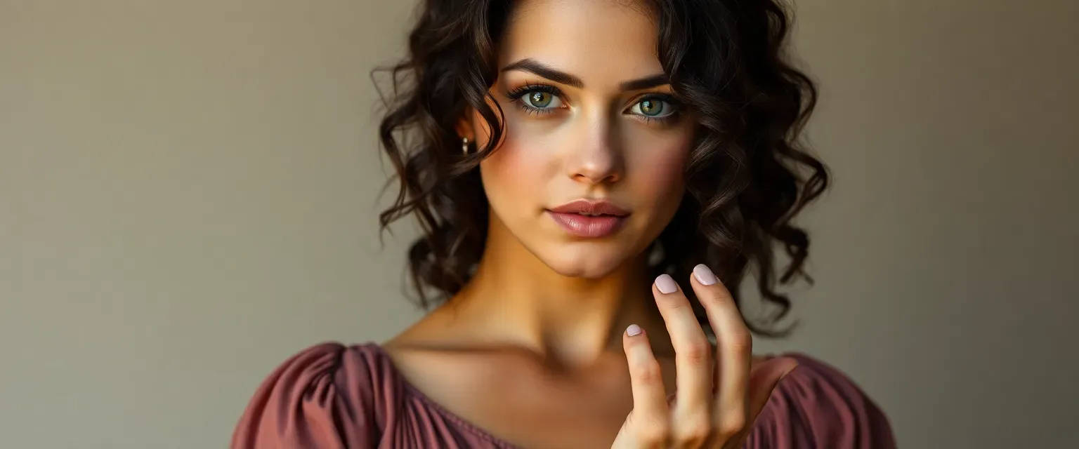 28-year-old woman with dark curly hair and hazel eyes, wearing a flowing dress in muted colors, twirling a silver ring.