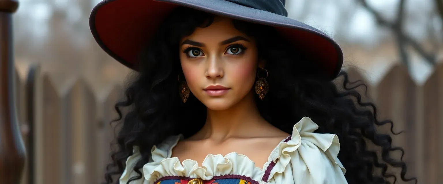 17-year-old witch with long curly black hair, big dark eyes, petite, in a white ruffled dress and colorful corset.