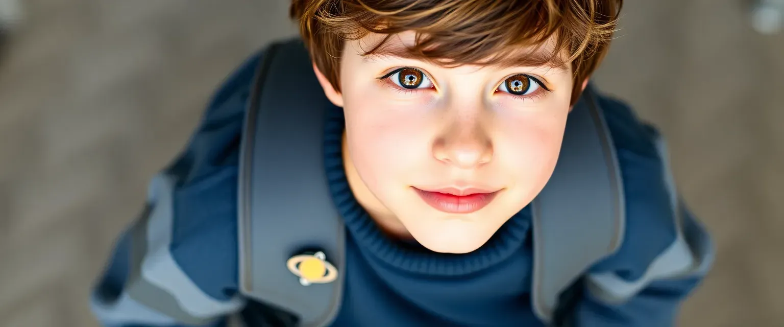 14-year-old boy with tousled dark brown hair and hazel eyes, wearing oversized sweaters and jeans, carrying a backpack with a solar system pin.