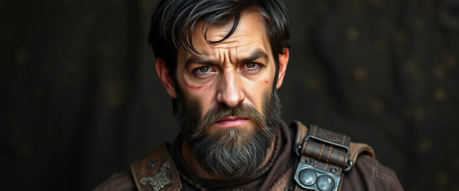 Rugged late twenties man with scarred face, dark hair, scruffy beard, wearing worn leather tunic and patched trousers.