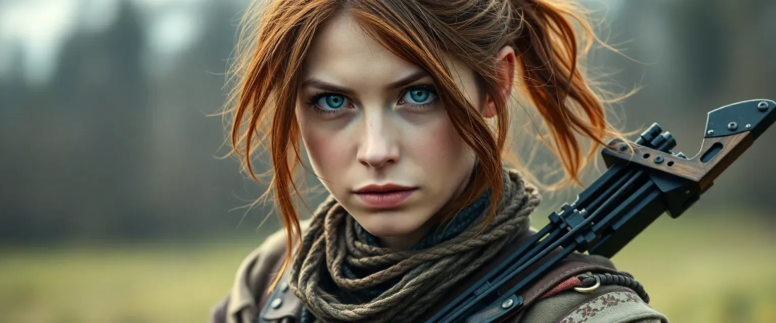 Mid-thirties woman with faded copper hair, blue eyes, wearing a patchwork of scavenged clothes and carrying a crossbow.