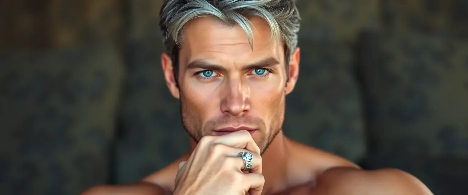 A 42-year-old man with silver-streaked chestnut hair, piercing blue eyes, lean muscular build, wearing a silver ring on his left pinky.