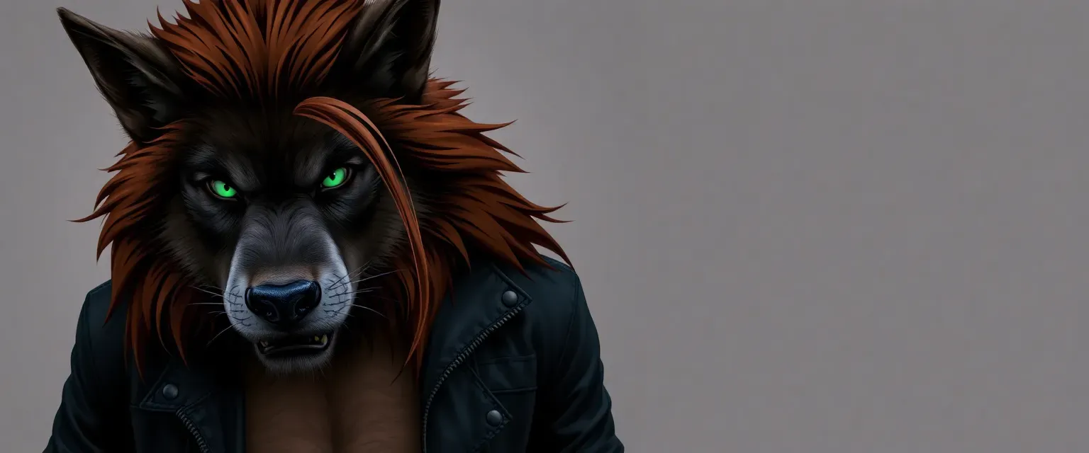 Tall, muscular werewolf with long chestnut hair and piercing green eyes, wearing a leather jacket and jeans.