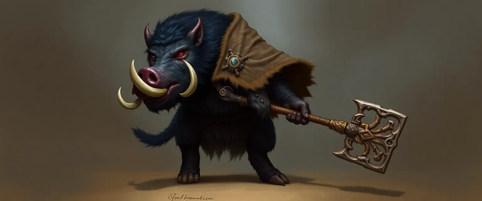 Seven-foot tall wereboar with dark hair, crimson eyes, and sharp tusks, wearing a cloak of enemy hides and wielding a dragon-bone warhammer.