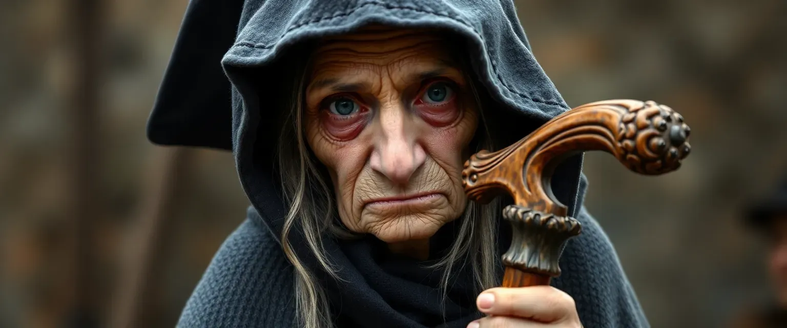 Ancient Slavic witch, hooded cloak, wooden cane, long nose, grandmotherly face.