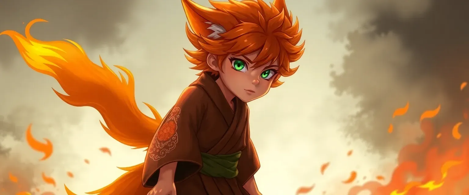14-year-old immortal fox boy with fiery orange fur, nine tails, and green eyes, wearing a flame-patterned kimono, barefoot.