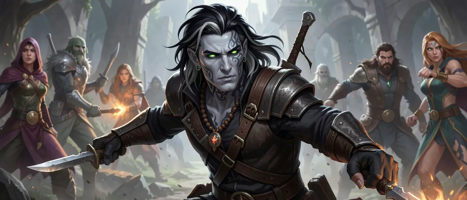 Ashen-grey skinned Shadar-Kai male, 30s, pupil-less green eyes, obsidian-black hair with pewter streaks, clan tattoos on face and neck, ear piercings, dark ranger leathers, twin knives, beaded amulet necklace.